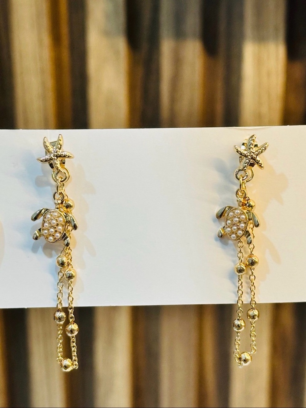 Gold Sea Turtle & Starfish Pearl Chain Dangle Earrings Coastal